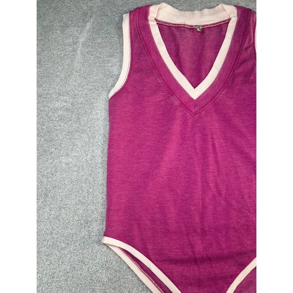 Free People Intimately Pink Varsity‎ V-Neck Bodysuit Sleeveless XS Small Preppy